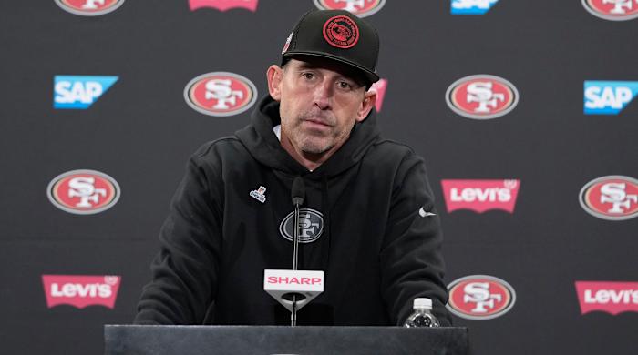 49ers head coach Kyle Shanahan speaks at a news conference after Christmas Day game